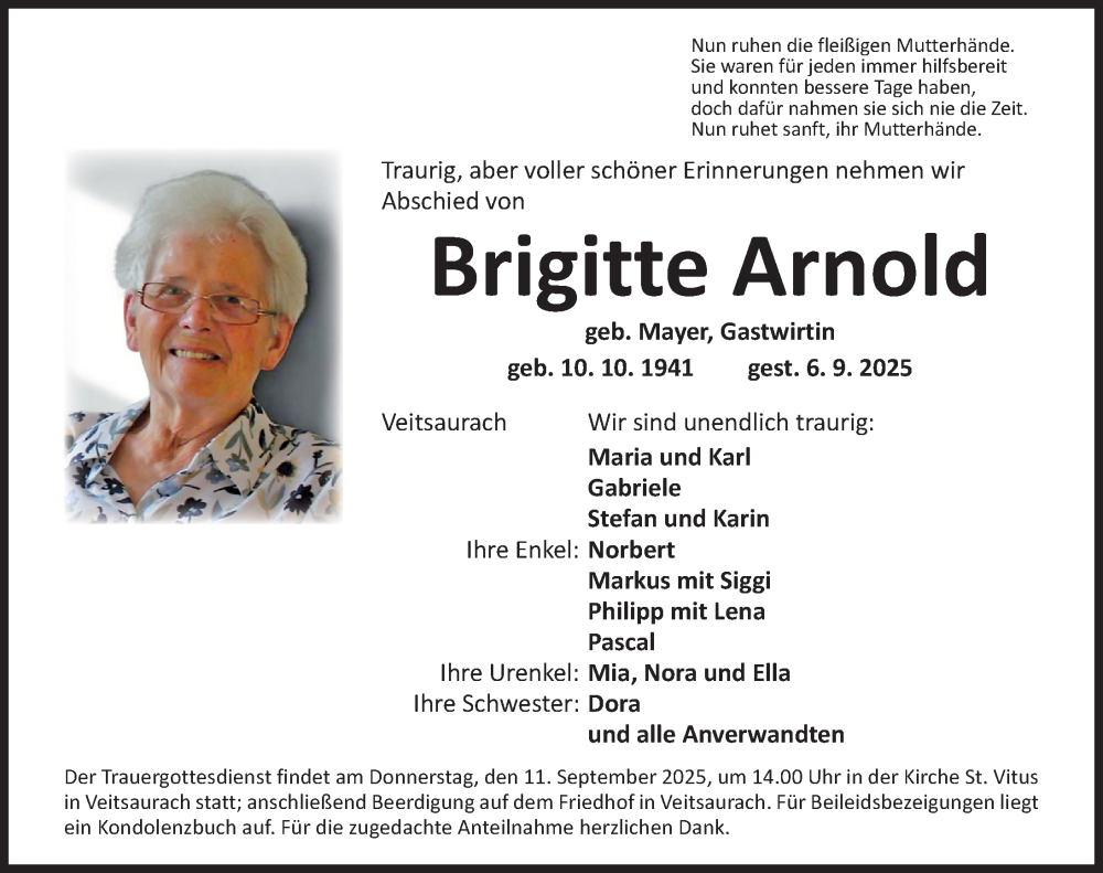  Traueranzeige für Brigitte Arnold vom 10.09.2025 aus Ansbach