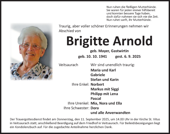 Traueranzeige von Brigitte Arnold von Ansbach