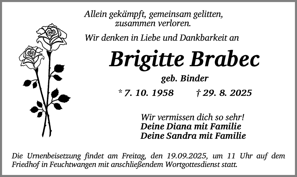  Traueranzeige für Brigitte Brabec vom 15.09.2025 aus Dinkelsbühl/ Feuchtwangen