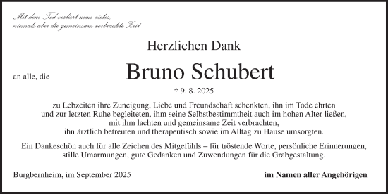 Traueranzeige von Bruno Schubert von Neustadt/ Scheinfeld/ Uffenheim
