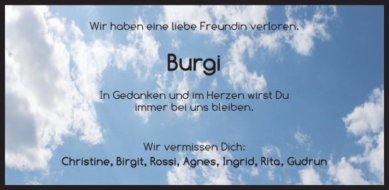 Traueranzeige von Burgi  von Dinkelsbühl/ Feuchtwangen