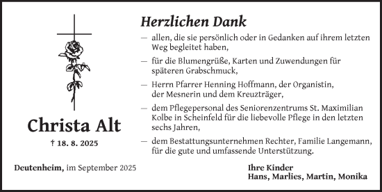 Traueranzeige von Christa Alt von Neustadt/ Scheinfeld/ Uffenheim
