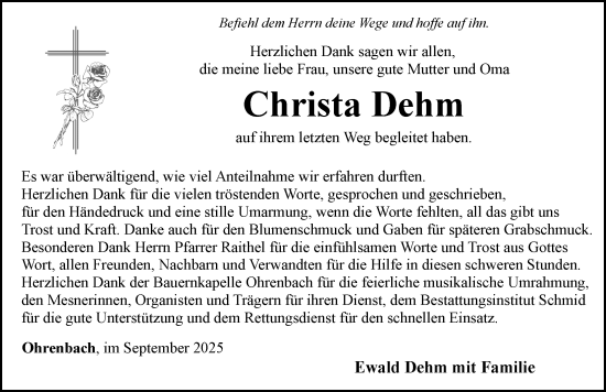 Traueranzeige von Christa Dehm von Rothenburg