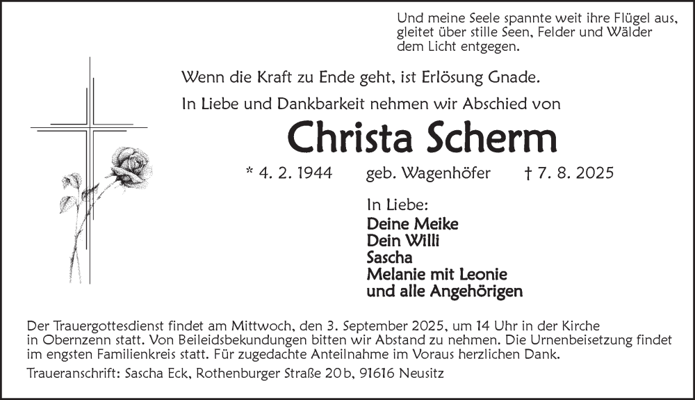  Traueranzeige für Christa Scherm vom 01.09.2025 aus Neustadt/ Scheinfeld/ Uffenheim