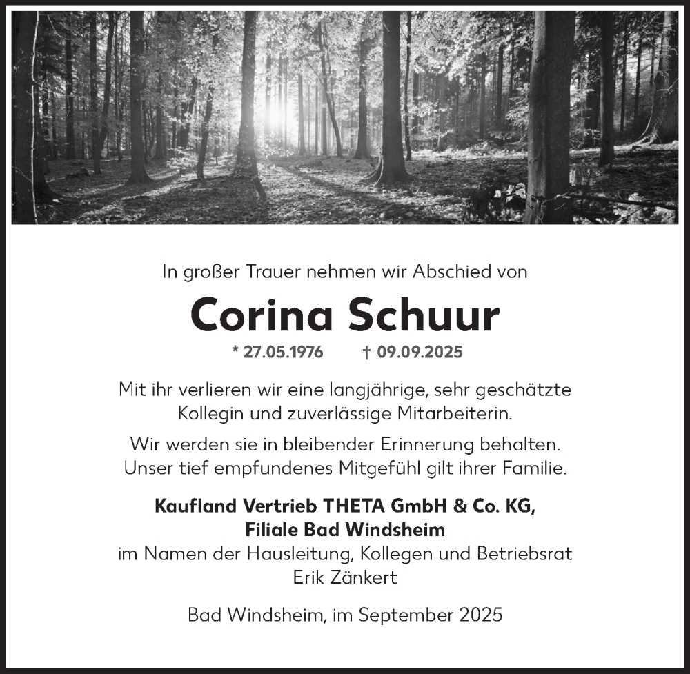  Traueranzeige für Corina Schuur vom 20.09.2025 aus Neustadt/ Scheinfeld/ Uffenheim