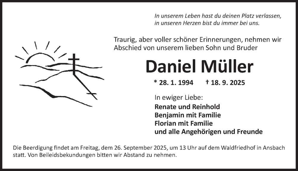  Traueranzeige für Daniel Müller vom 23.09.2025 aus Ansbach