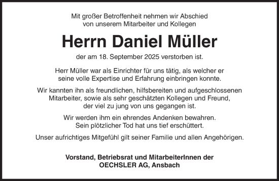 Traueranzeige von Daniel Müller von Ansbach