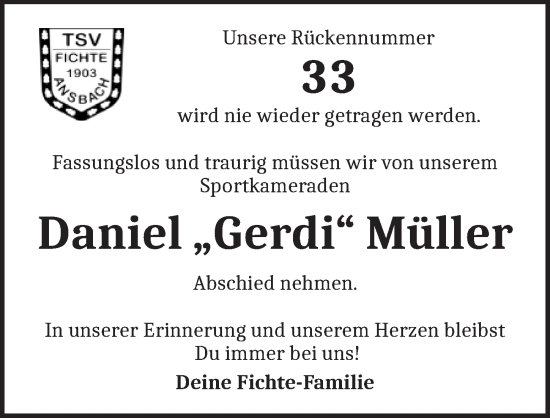 Traueranzeige von Daniel Müller von Ansbach