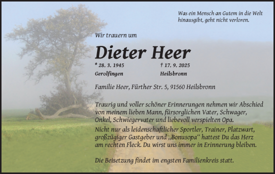 Traueranzeige von Dieter Heer von GE