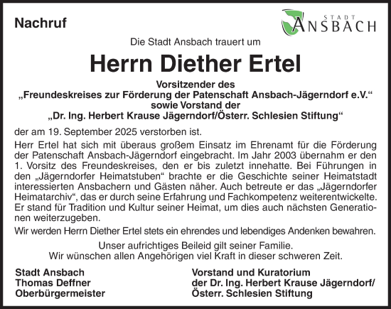 Traueranzeige von Diether Ertel von Ansbach