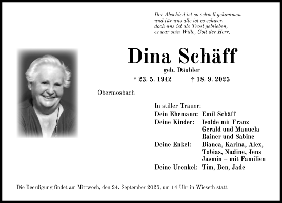 Traueranzeige von Dina Schäff von Dinkelsbühl/ Feuchtwangen