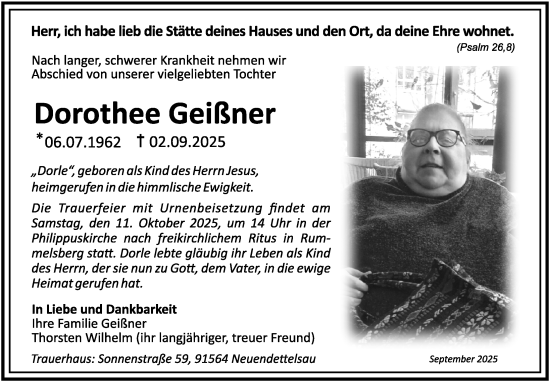 Traueranzeige von Dorothee Geißner von Ansbach