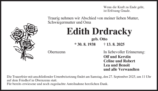 Traueranzeige von Edith Drdracky von Neustadt/ Scheinfeld/ Uffenheim