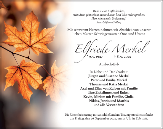 Traueranzeige von Elfriede Merkel von Ansbach