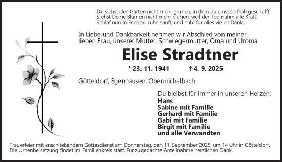 Traueranzeige von Elise Stradtner von Ansbach