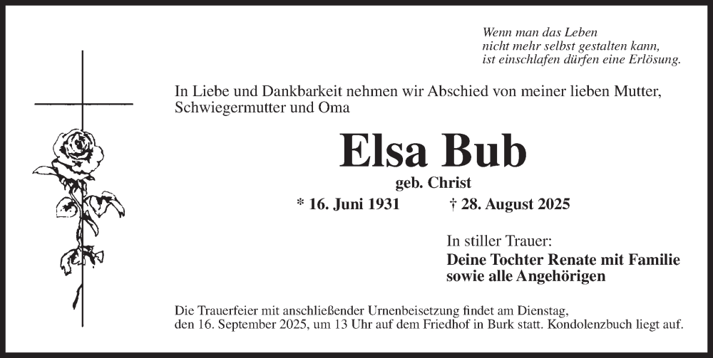  Traueranzeige für Elsa Bub vom 13.09.2025 aus Dinkelsbühl/ Feuchtwangen