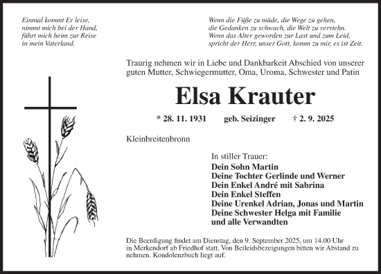 Traueranzeige von Elsa Krauter von Ansbach