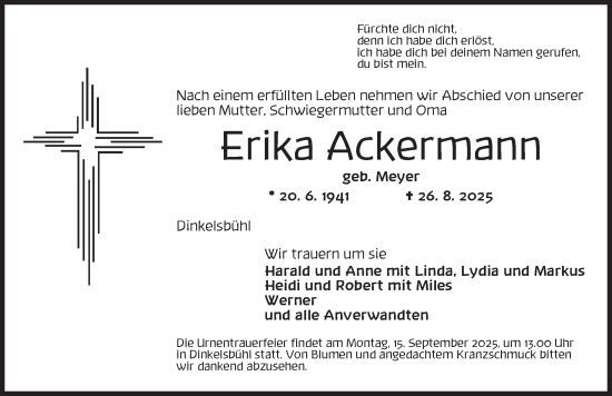 Traueranzeige von Erika Ackermann von Dinkelsbühl/ Feuchtwangen