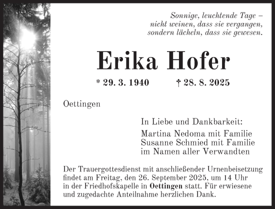 Traueranzeige von Erika Hofer von Dinkelsbühl/ Feuchtwangen