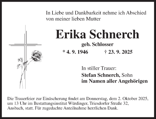 Traueranzeige von Erika Schnerch von Ansbach