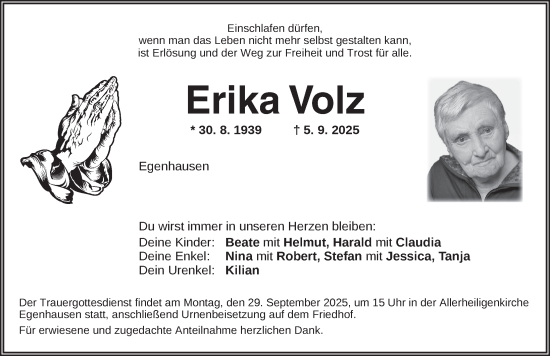 Traueranzeige von Erika Volz von Neustadt/ Scheinfeld/ Uffenheim