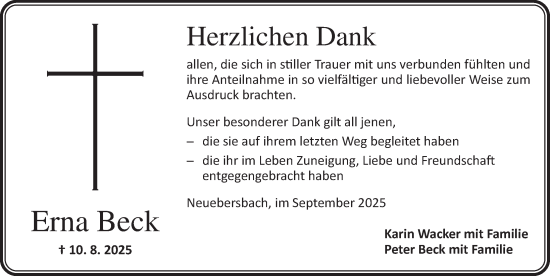 Traueranzeige von Erna Beck von Neustadt/ Scheinfeld/ Uffenheim
