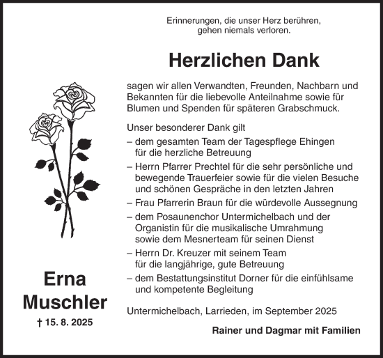 Traueranzeige von Erna Muschler von Dinkelsbühl/ Feuchtwangen