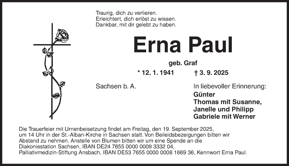  Traueranzeige für Erna Paul vom 13.09.2025 aus Ansbach
