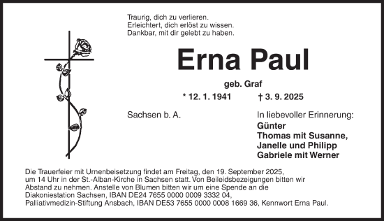 Traueranzeige von Erna Paul von Ansbach
