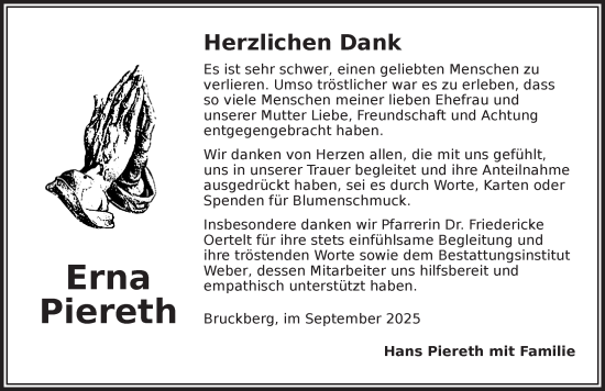 Traueranzeige von Erna Piereth von Ansbach