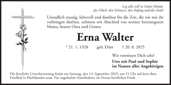 Traueranzeige von Erna Walter von Ansbach