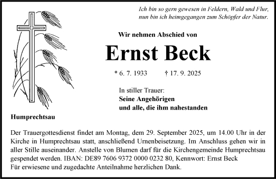 Traueranzeige von Ernst Beck von Neustadt/ Scheinfeld/ Uffenheim