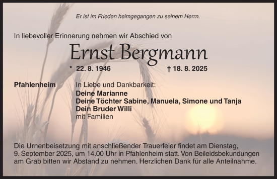 Traueranzeige von Ernst Bergmann von Neustadt/ Scheinfeld/ Uffenheim