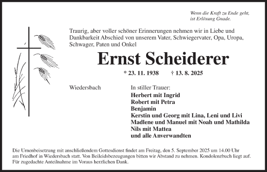 Traueranzeige von Ernst Scheiderer von Ansbach