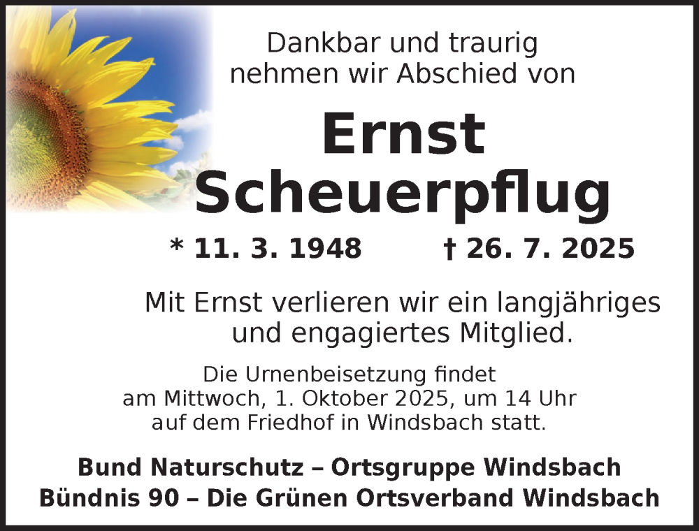  Traueranzeige für Ernst Scheuerpflug vom 30.09.2025 aus Ansbach