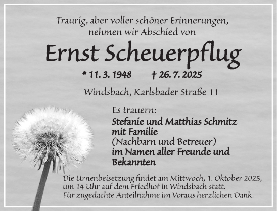 Traueranzeige von Ernst Scheuerpflug von Ansbach