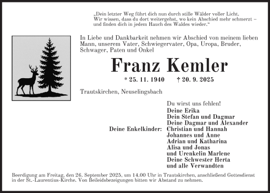Traueranzeige von Franz Kemler von Neustadt/ Scheinfeld/ Uffenheim