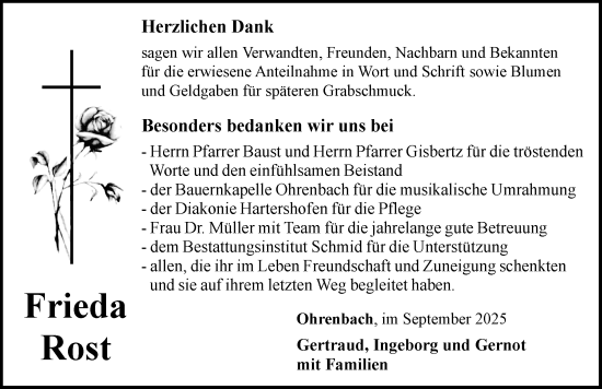 Traueranzeige von Frieda Rost von Rothenburg