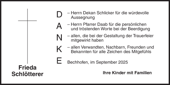 Traueranzeige von Frieda Schlötterer von Ansbach