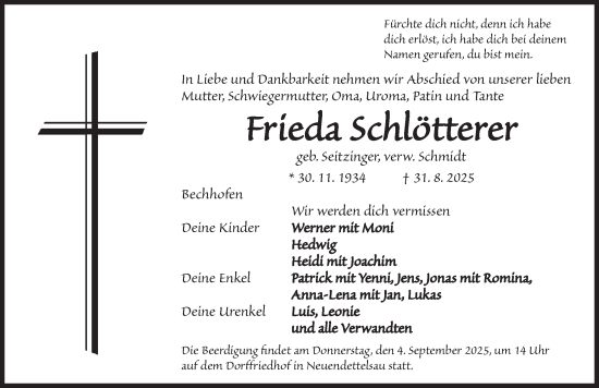 Traueranzeige von Frieda Schlötterer von Ansbach