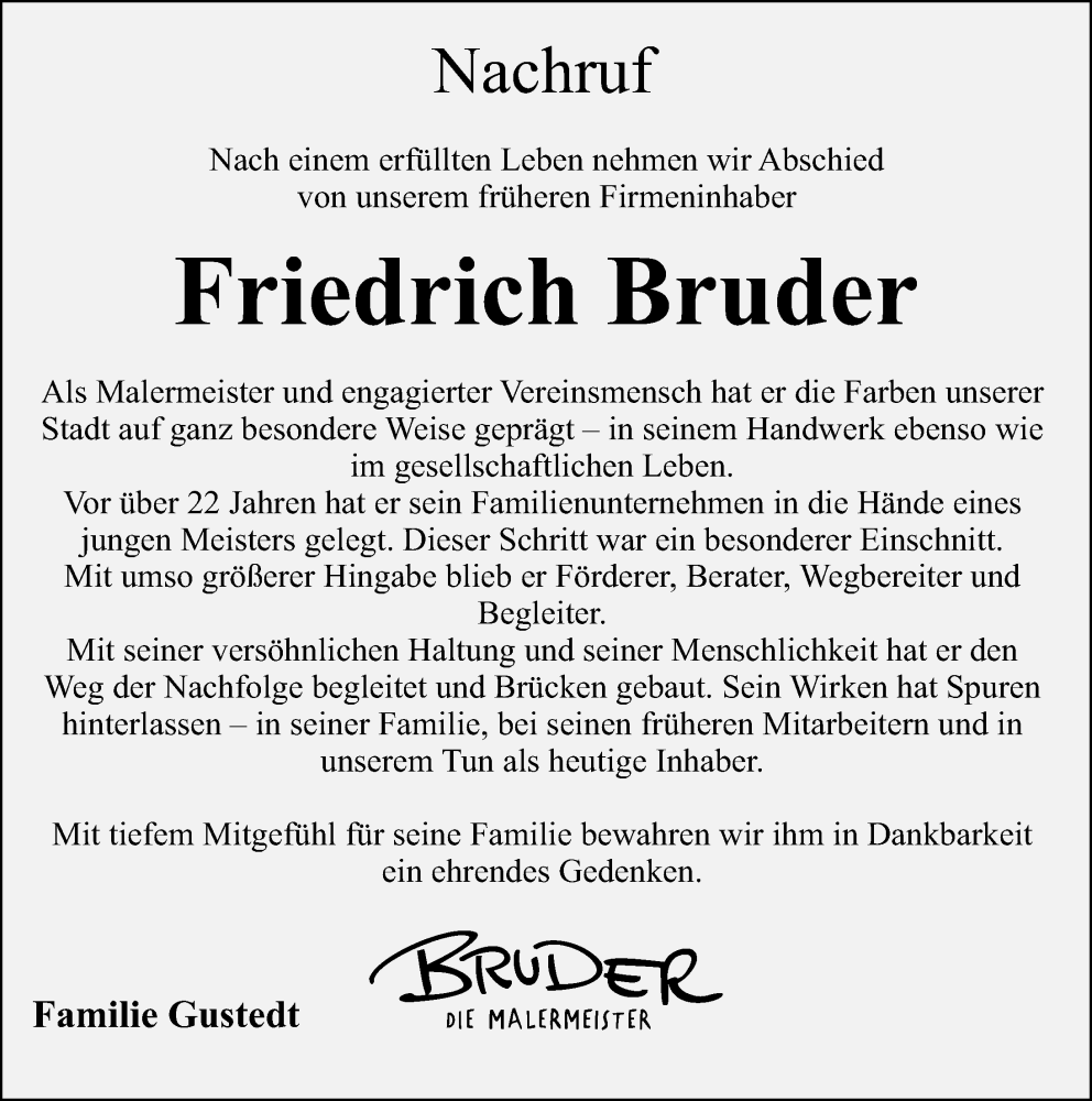  Traueranzeige für Friedrich 