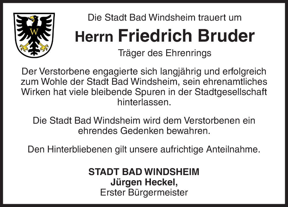  Traueranzeige für Friedrich 