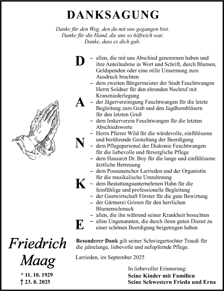  Traueranzeige für Friedrich Maag vom 06.09.2025 aus Dinkelsbühl/ Feuchtwangen