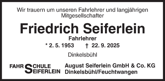 Traueranzeige von Friedrich Seiferlein von Dinkelsbühl/ Feuchtwangen