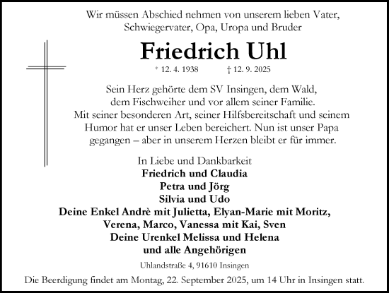 Traueranzeige von Friedrich Uhl von Rothenburg