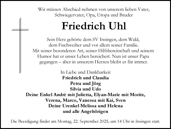 Traueranzeige von Friedrich Uhl von Rothenburg
