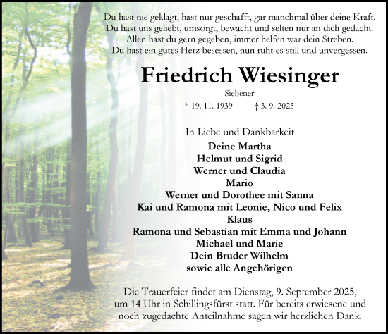 Traueranzeige von Friedrich Wiesinger von Rothenburg