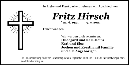 Traueranzeige von Fritz Hirsch von Dinkelsbühl/ Feuchtwangen