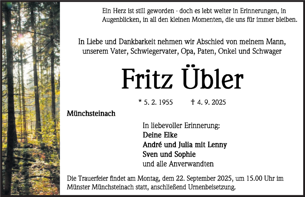  Traueranzeige für Fritz Übler vom 17.09.2025 aus Neustadt/ Scheinfeld/ Uffenheim