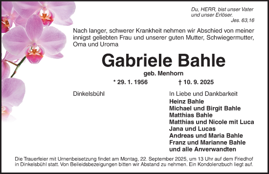 Traueranzeige von Gabriele Bahle von Dinkelsbühl/ Feuchtwangen